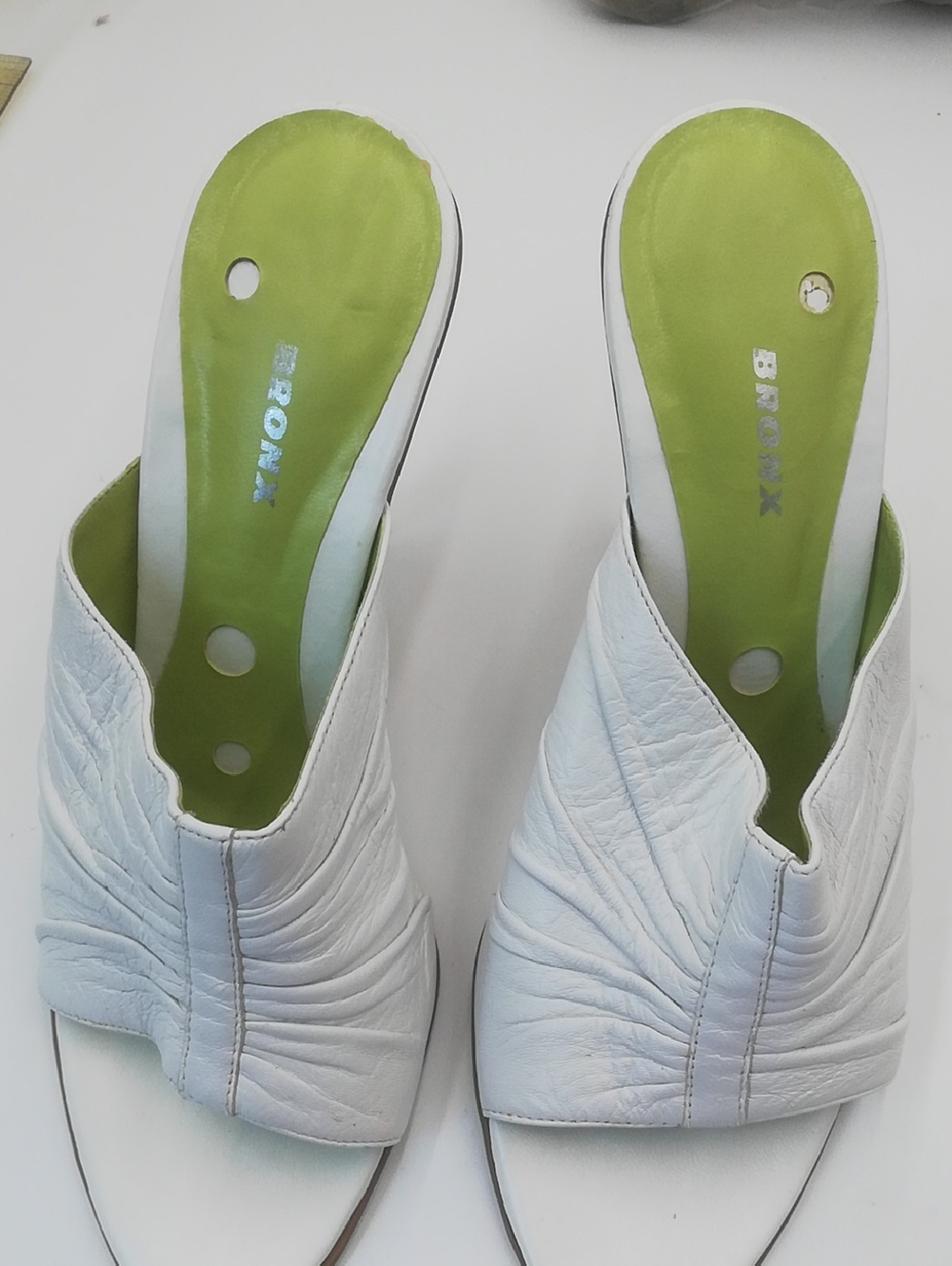 Bronx White Leather Peep-Toe Mules with Lime Green Insole